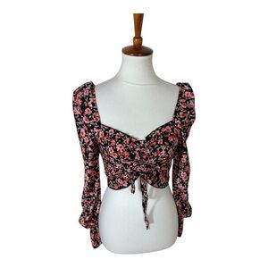 Hesperus Black Floral Long Sleeve Gathered Tie Front Blouse Size M